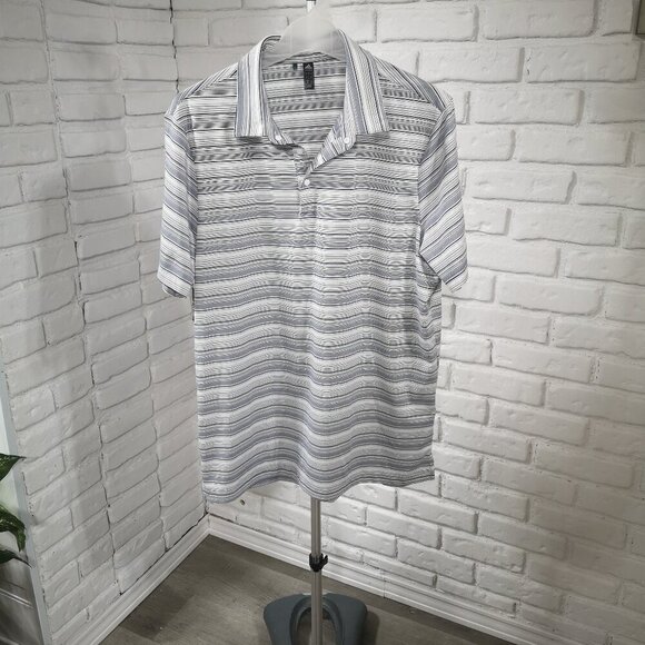 Adidas Primegreen Men's Size Large Navy Grey & White Striped Polo / Golf Shirt - Picture 1 of 9